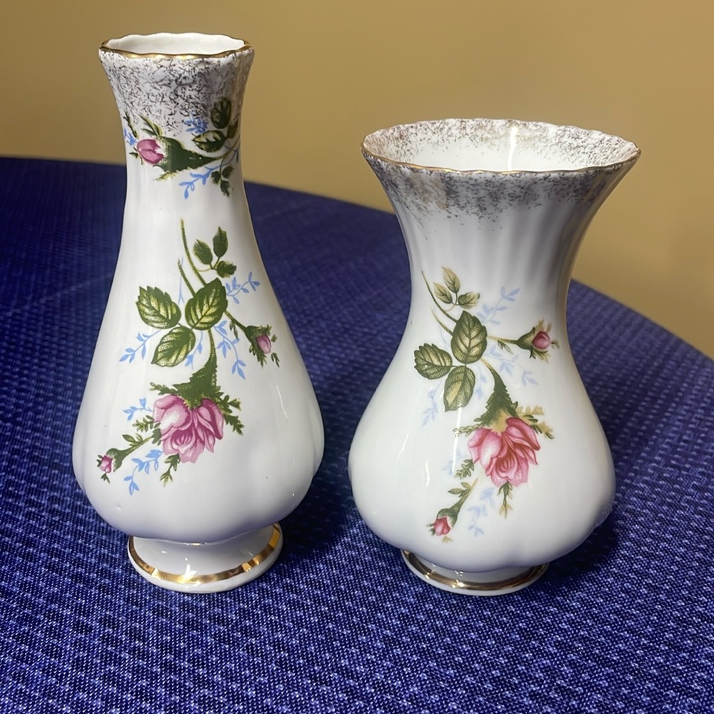 Chodziez China Rose Bud Vases, gold trim. Made In Poland